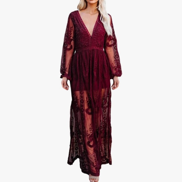 Mesh Lace Overlay Long Sleeve Maxi Dress Maroon Large - Picture 3 of 4